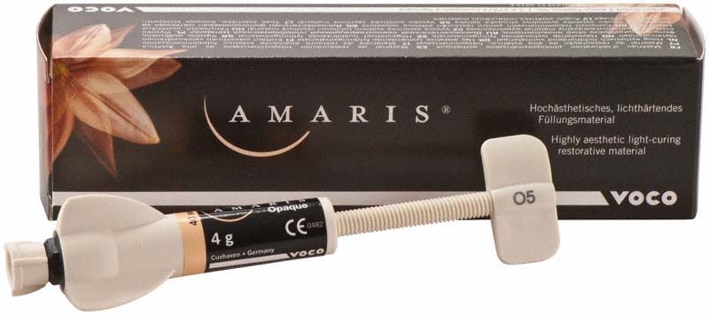 Amaris Spritze O5 von Voco, lichtgehärtetes Füllungsmaterial mit Verpackung.