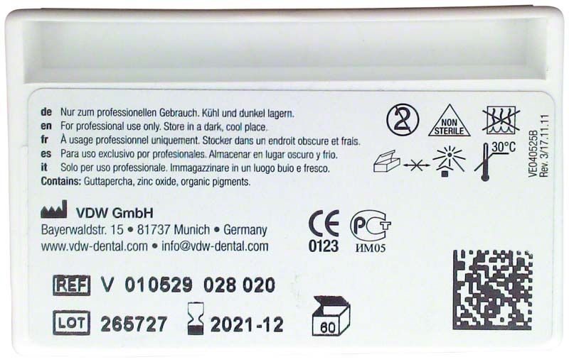 Verpackungsrückseite der Guttapercha .06 Gr. 20/.06 gelb mit Gebrauchsanweisungen.