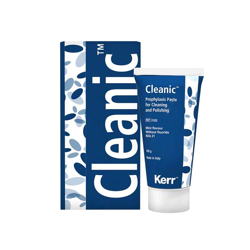 Cleanic™ Prophy-Paste Fluoridfrei Tube Mint vor Verpackung mit blauem Design.