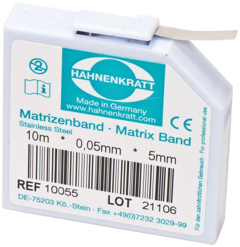 Hahnengrat Matrizenband-Spender mit Aufdruck, 10m x 0,05mm x 5mm Edelstahl.