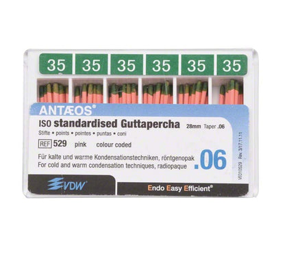 Guttapercha-Stifte .06 Gr. 35 in grün-weißem Verpackungsbehälter von VDW.