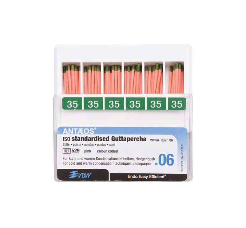 Guttapercha-Stifte .06 Gr. 35 in rosa-grüner Sortierbox von VDW.