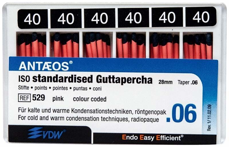 Guttapercha-Stifte ISO 40, rosa, in Kunststoffbox von VDW.