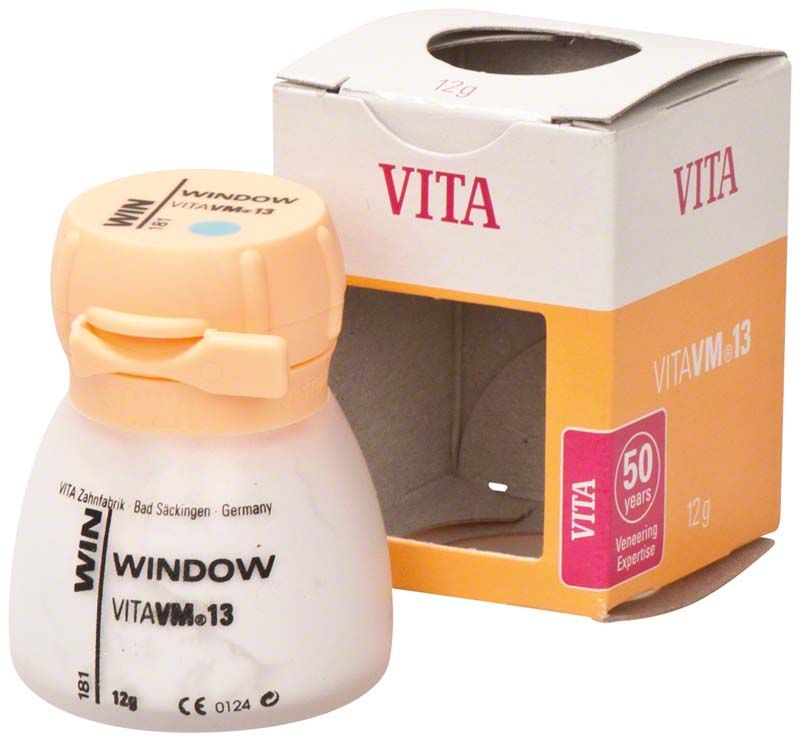 VITA VM13 Window WIN 12g Zahnmassenflasche und Verpackung.