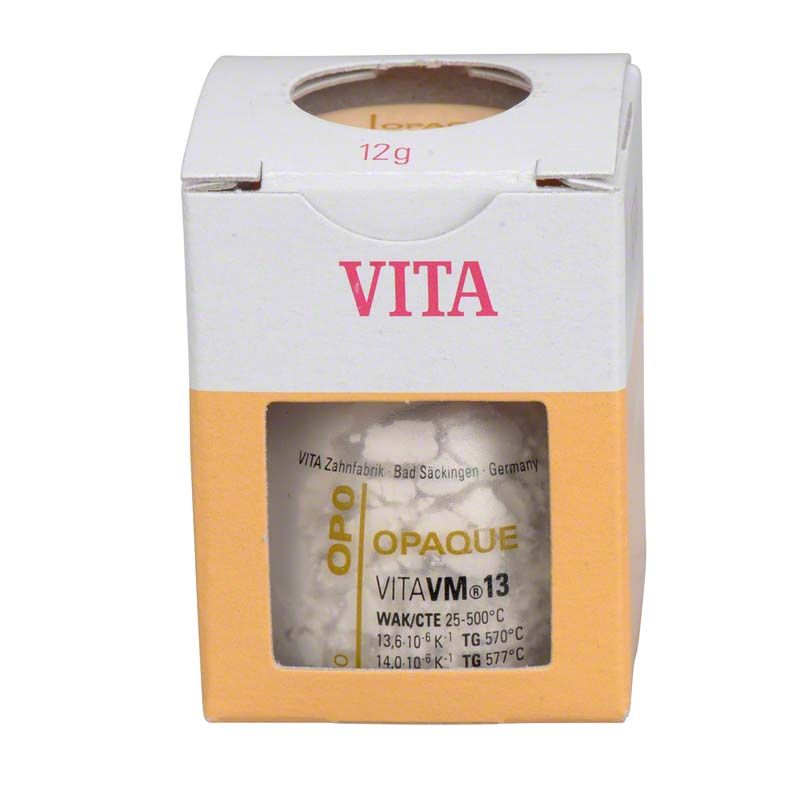 VITA VM13 Opaque 12g in geöffneter Verpackung mit sichtbarem Glasbehälter.