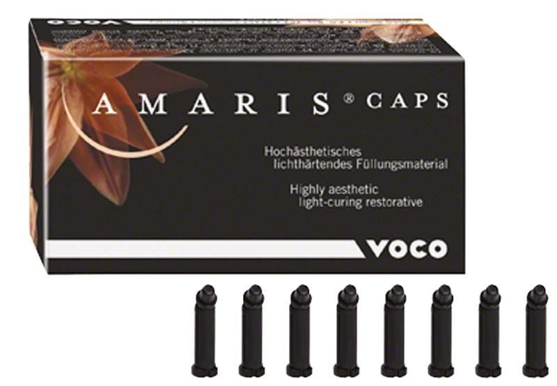Hochästhetisches lichthärtendes Füllungsmaterial Amaris Caps von Voco, Verpackung und Kapseln.