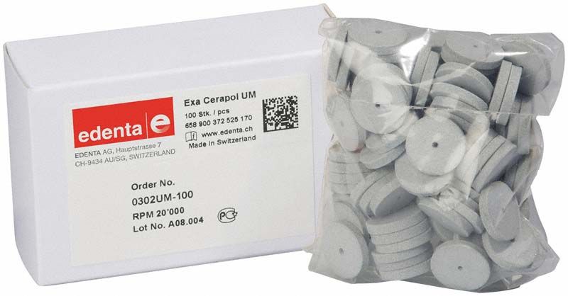 Graue Exa Cerapol Radierer in Plastikbeutel neben Produktverpackung.