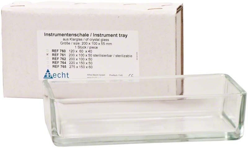 Instrumentenschale aus Klarglas vor weißer Verpackung mit Produktdetails.