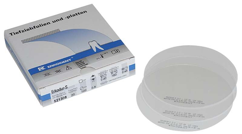Erkodur-S Tiefziehfolie und Verpackung mit dentalem Anwendungsaufdruck.
