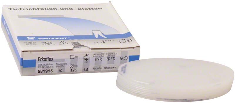 Erkoflex Tiefziehfolien 10 Stück, Ø 125 x 1,5 mm in Verpackung.