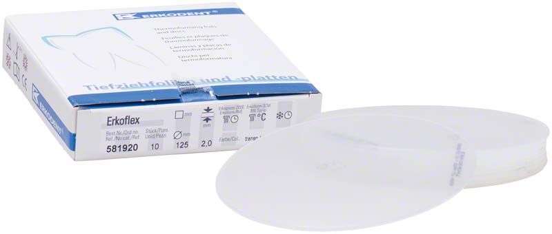 Erkoflex Tiefziehfolie Ø 125 x 2,0mm neben Verpackung.