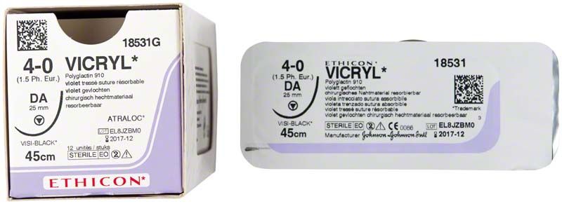 VICRYL Nahtmaterial violett geflochten, 4/0, 45 cm, Ethicon Verpackung.