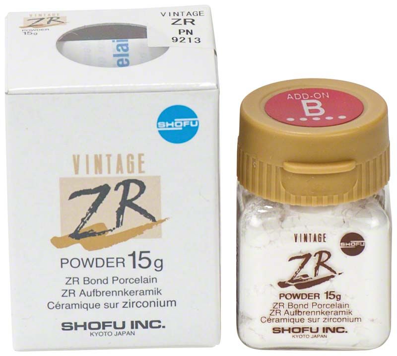 Verpackung und Glas mit VINTAGE ZR Korrekturmasse Add-On B von Shofu.
