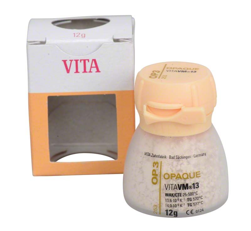 VITA VM® 13 Opaque Keramikpulver 12g OP3 mit Verpackung im Hintergrund.