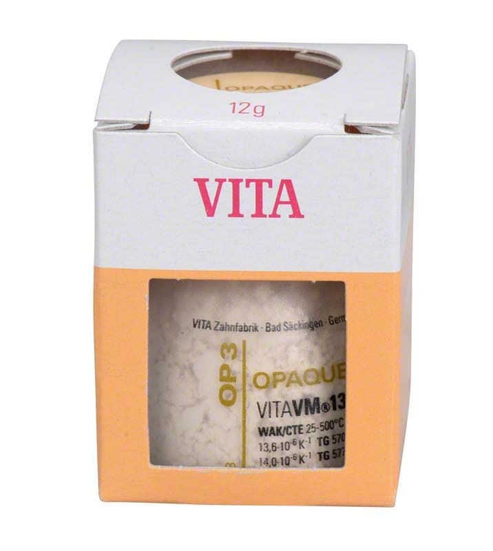 VITA VM 13 Opaque-Keramikpulver OP3 in Kartonverpackung mit Sichtfenster.