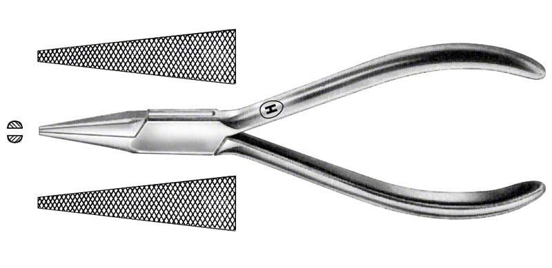 Flach-Spitzzange für kieferorthopädische Drahtbiegungen bis 0,7 mm Stärke.