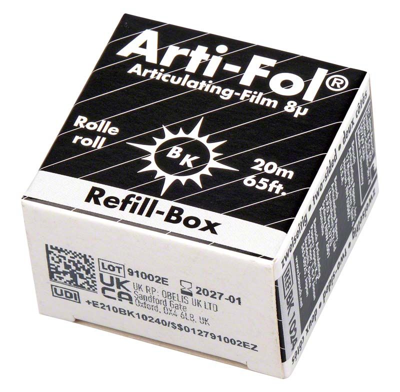 Arti-Fol® Nachfüllbox, schwarz, 8µ Artikulationsfolie, 20m Rolle, Verpackungsansicht.