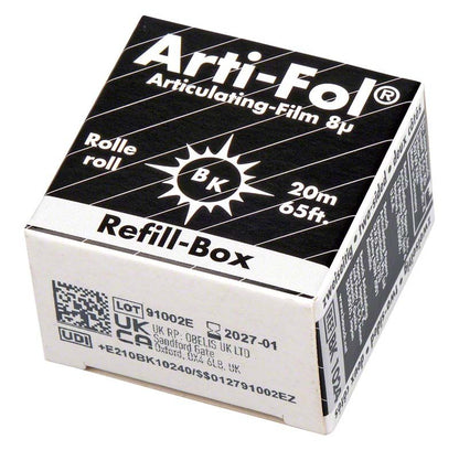 Arti-Fol® Nachfüllbox, schwarz, 8µ Artikulationsfolie, 20m Rolle, Verpackungsansicht.