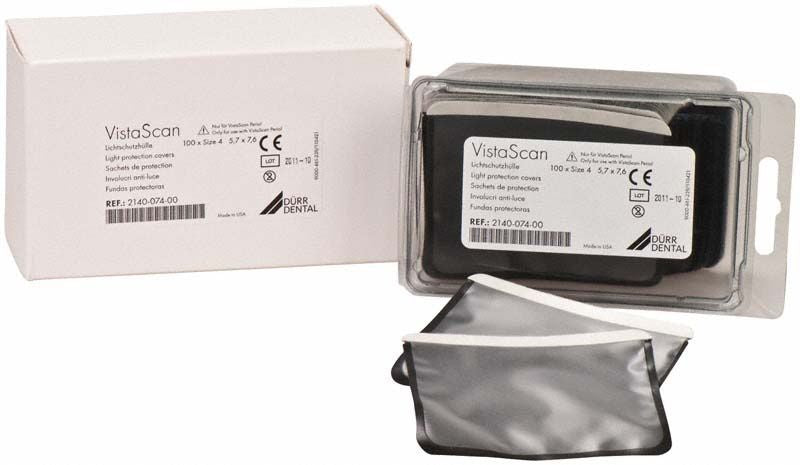 Lichtschutzhülle für VistaScan Perio Gr. 4 mit Verpackung und Produktetikett.