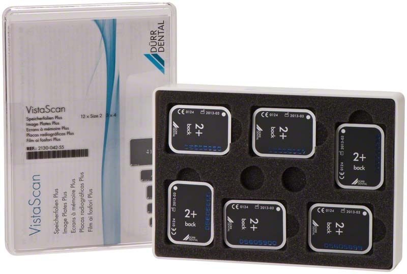 VistaScan Speicherfolien Plus Gr. 2 in Verpackung mit sechs Folien.