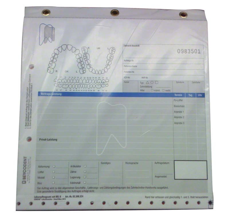 Laborauftragssatz für Zahnarztpraxen mit Formularfeldern und Zahnschema.