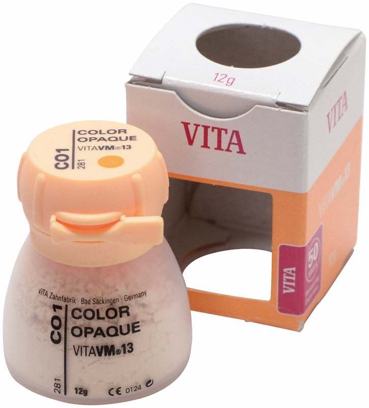 VITA VM13 Color Opaque CO1 Zahnmaterial im Behälter neben Verpackung.