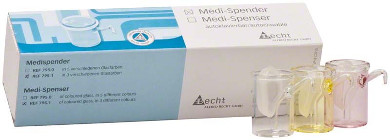 Medi-Spender-Gläschen Satz mit drei unterschiedlich gefärbten Gläsern und Verpackung.