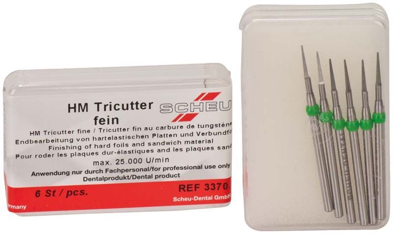 Hartmetall Tricutter fein grün in Kunststoffbox, sechs Stück, dentaler Einsatz.