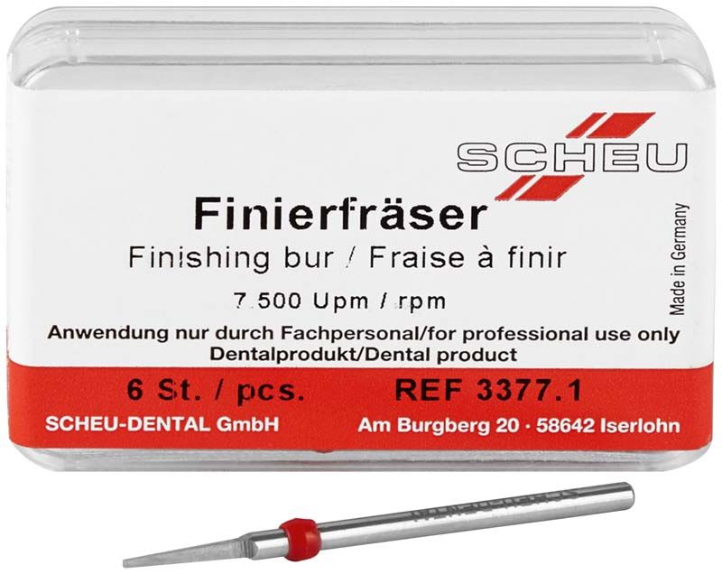 Finierfräser mit rotem Ring, präsentiert vor Verpackung mit Produktinformationen.