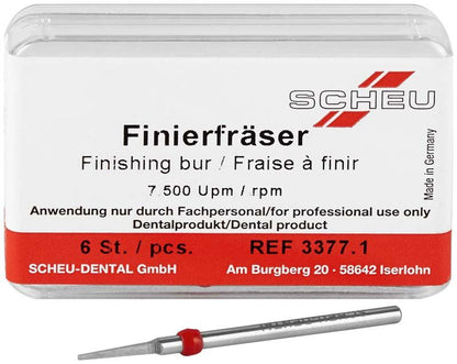 Finierfräser mit rotem Ring, präsentiert vor Verpackung mit Produktinformationen.