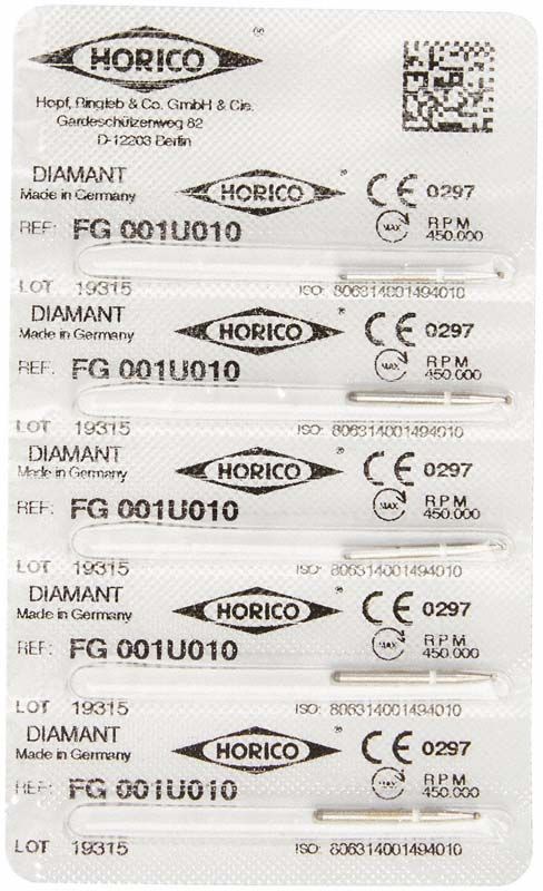 Verpackung mit Diamant FG 001U 010 Dentalinstrumenten von Horico.