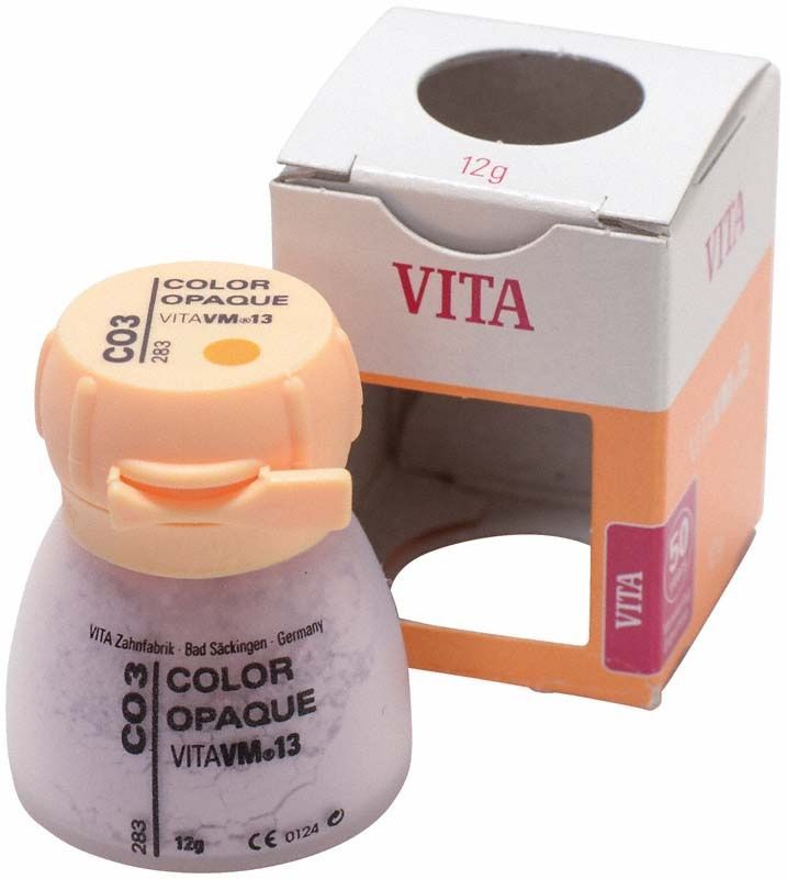 Deckelglas mit VITA VM13 Color Opaque CO3 Zahnlabor-Material.