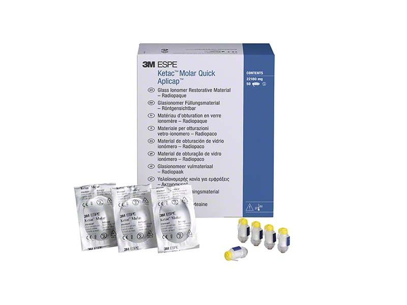 Ketac Molar Quick Aplicap Verpackung mit Applikatoren und Beipackzettel.