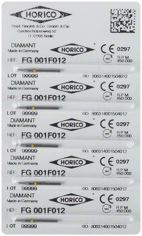 Verpackung der Diamant FG 001F 012 Dentalbohrer mit CE-Kennzeichnung.