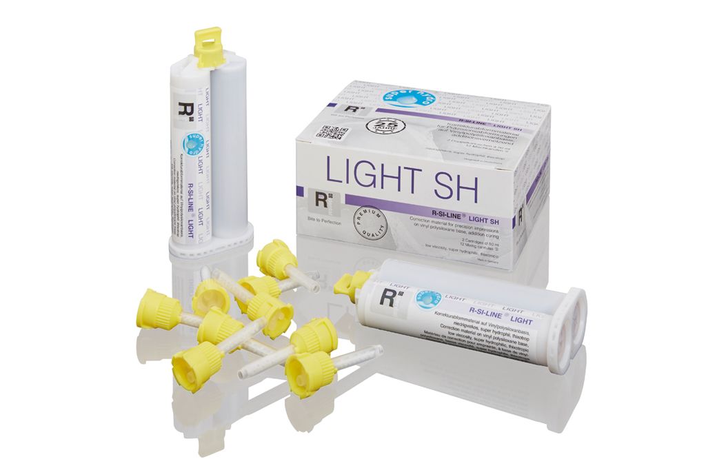Hochwertiges A-Silikon Abformmaterial R-SI-LINE® LIGHT SH mit Verpackung und Applikationsdüsen.