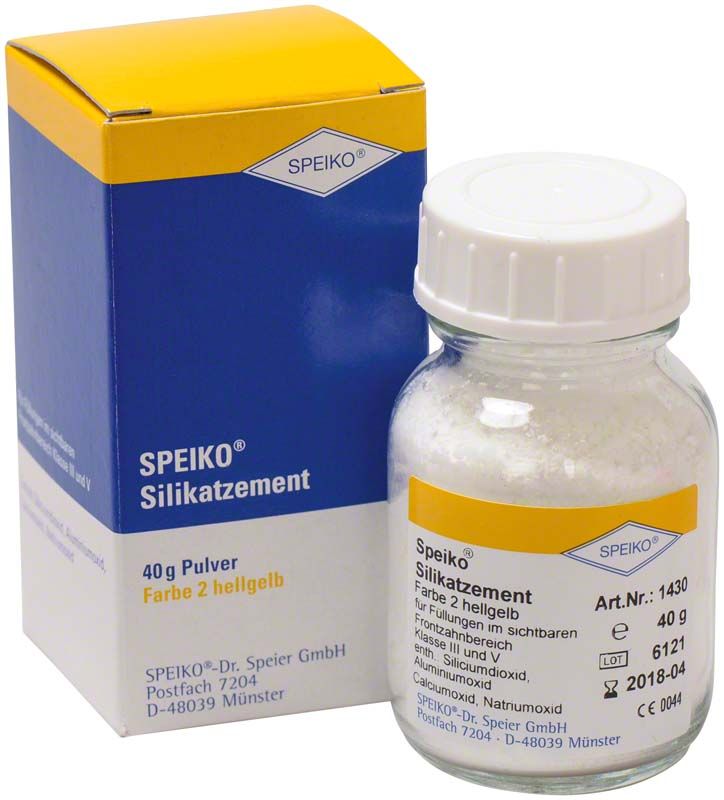 SPEIKO Silikatzement Pulver Flasche 40g mit Verpackung in Gelb und Blau.