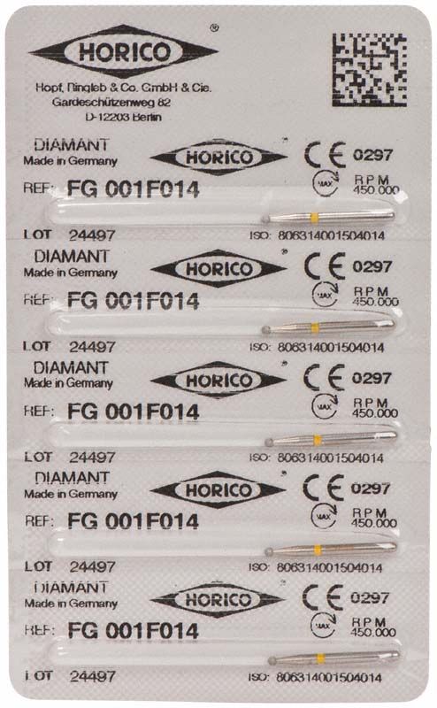 Verpackung von Diamant FG 001F 014, fünf sterile Einheiten.