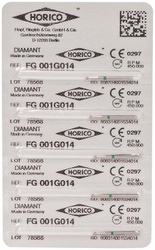 Verpackung von Diamantenschleifer FG 001G 014 mit CE-Kennzeichnung.
