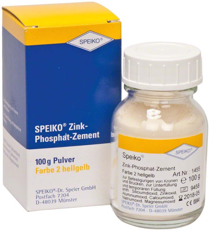 Zink-Phosphat-Zement Pulver, Flasche und Verpackung mit gelbem Etikett.