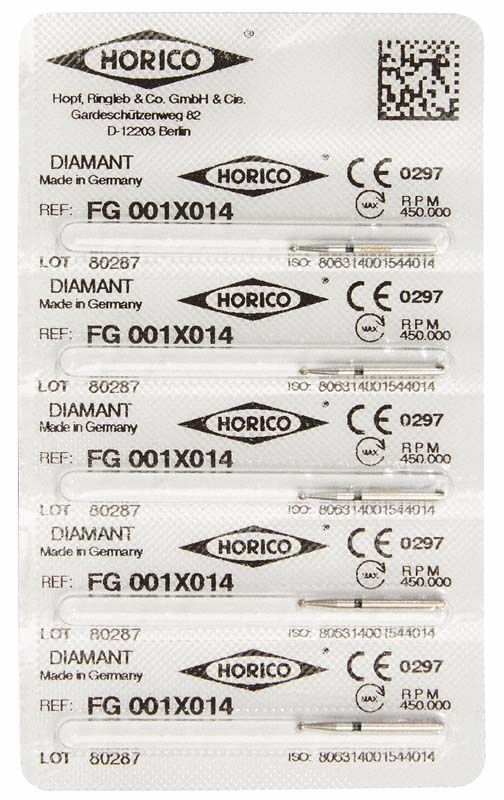 Blisterverpackung mit Diamant FG 001X 014 Schleifinstrumenten von Horico.