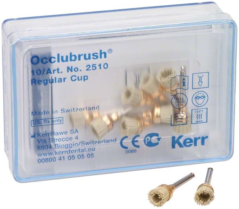 Occlubrush® regulärer Kelch 10er in transparenter Verpackung mit Bürstenansicht.