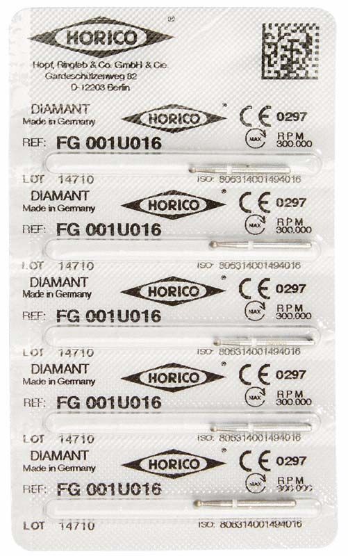 Blisterverpackung mit Diamant FG 001U 016 Dentalinstrumenten.