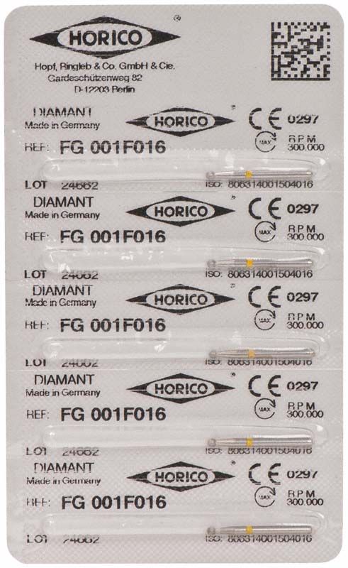 Blisterpackung mit sechs Diamant FG 001F 016 Dentalbohrern.