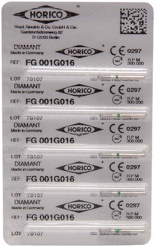 Blisterverpackung mit Diamant FG 001G 016 Dentalinstrumenten.