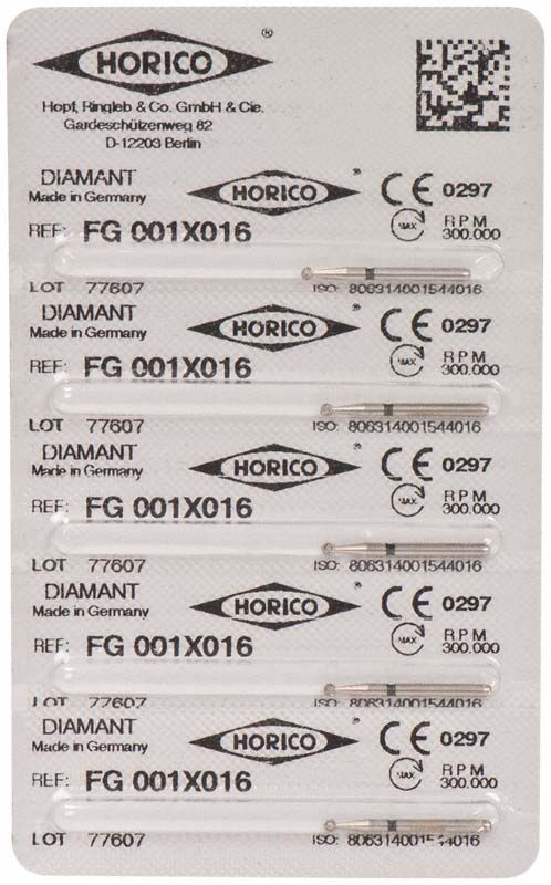 Blisterverpackung mit Diamant FG 001X 016 Dentalbohrern.