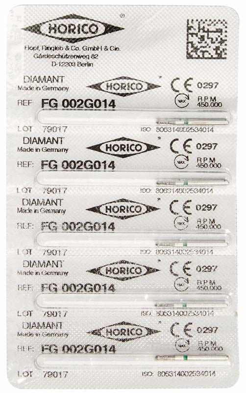 Blisterpackung mit sechs Diamant-Schleifinstrumenten FG 002G 014 von Horico.
