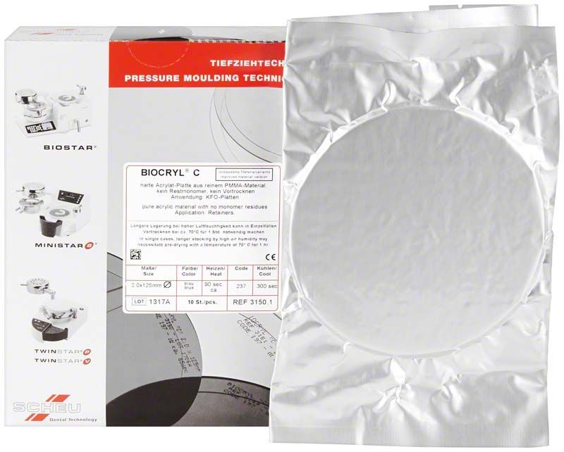 Hochwertige, blaue BIOCRYL® C Acrylatplatten für dentale Anwendungen.