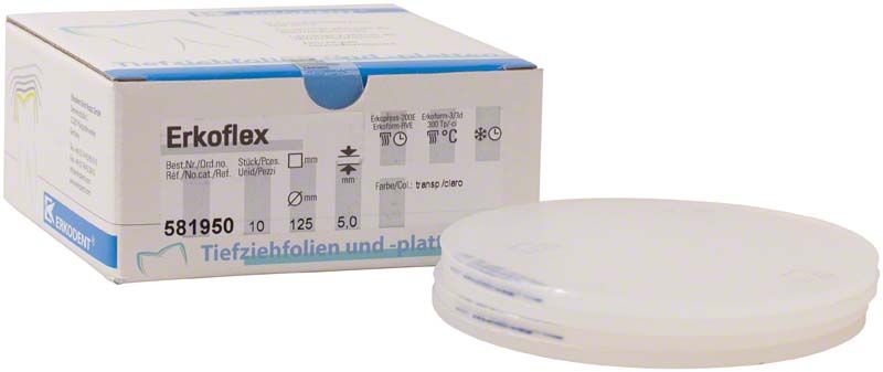 Erkoflex Tiefziehmaterialscheiben neben Originalverpackung mit Produktinformationen.