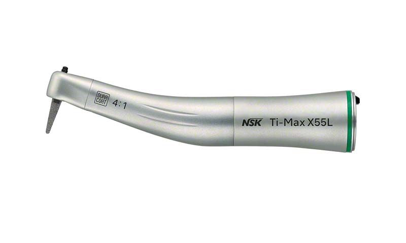 Ti-Max X55L Winkelstück in silber mit grünem Ring und Lichtfunktion.