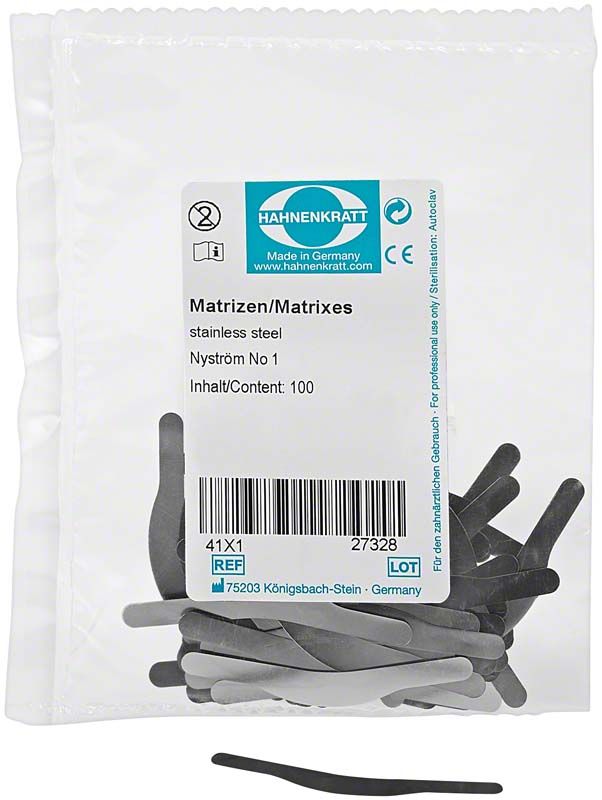 Verpackung Matrizen Nyström 100er, Edelstahl, mit Produktetikett.